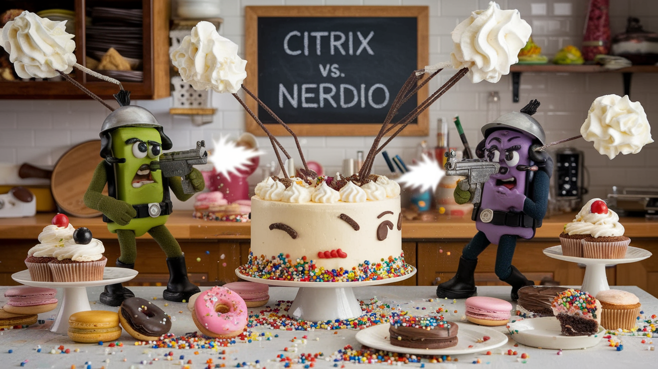 Citrix and Nerdio go to war in the kitchen in an imaginary world where they are disguised as cakes and other desserts. It isn't clear who's winning.